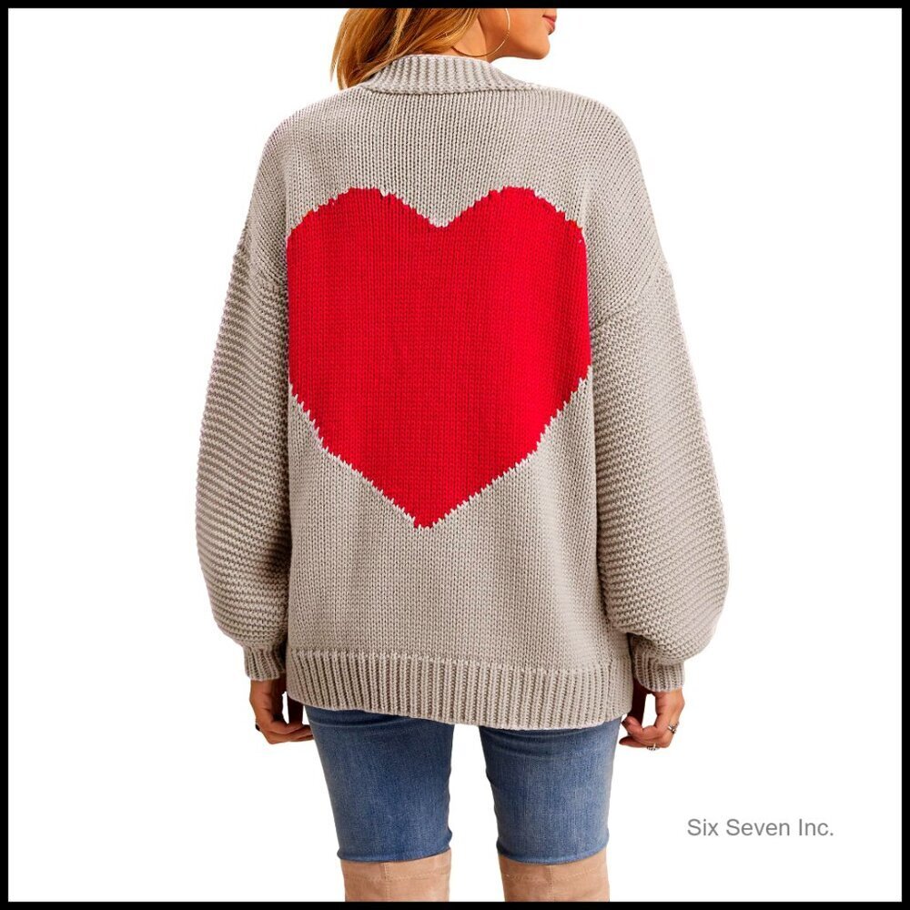 Oversized Chunky Knit Cardigan Long Sleeve Open Front Heart Patch Valentine